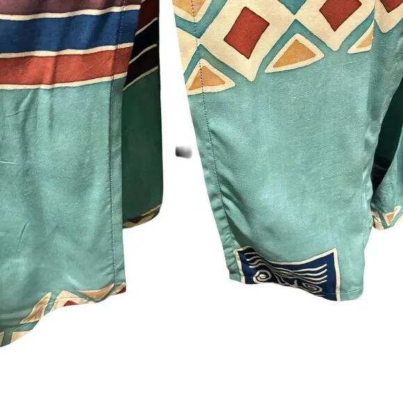 Bali Batiks Aztec Print Maxi Dress Sz M Aqua Green 4-Slit Bottom - Picture 5 of 9